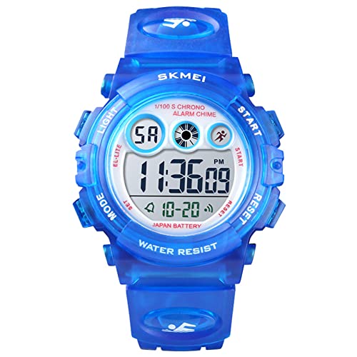 HMJIA Digital Uhren für Kinder 5ATM Sports Digitaluhr für Jungen Kinder Silikon Armbanduhr mit Datum/Wecker/LED/Stoppuhr/Stoßfes (transparent dunkelblau) von HMJIA