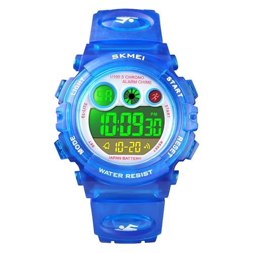 HMJIA Digital Uhren für Kinder 5ATM Sports Digitaluhr für Jungen Kinder Silikon Armbanduhr mit Datum/Wecker/LED/Stoppuhr/Stoßfes (transparent dunkelblau) von HMJIA