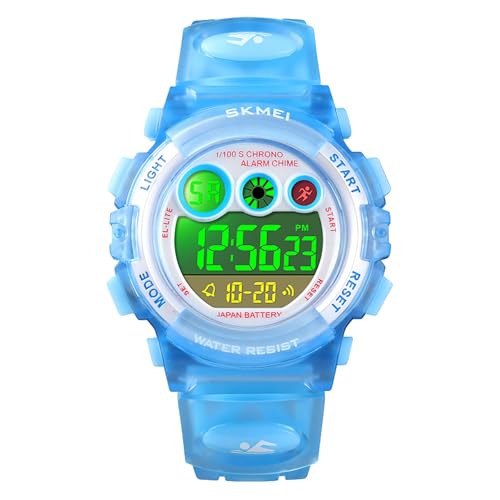 HMJIA Digital Uhren für Kinder 5ATM Sports Digitaluhr für Jungen Kinder Silikon Armbanduhr mit Datum/Wecker/LED/Stoppuhr/Stoßfes (transparent hellblau) von HMJIA