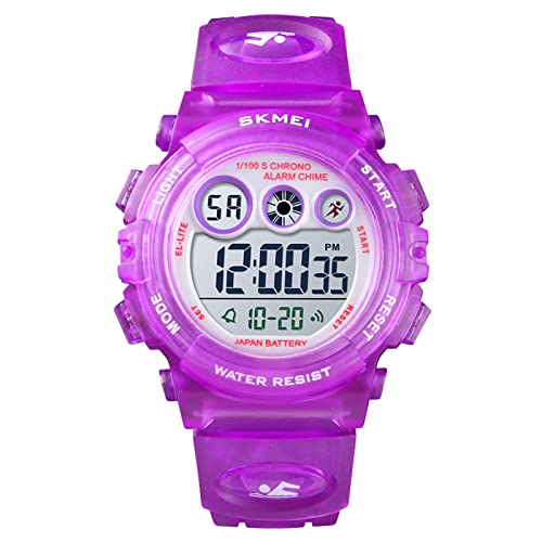 HMJIA Digital Uhren für Kinder 5ATM Sports Digitaluhr für Jungen Kinder Silikon Armbanduhr mit Datum/Wecker/LED/Stoppuhr/Stoßfes (transparent lila) von HMJIA