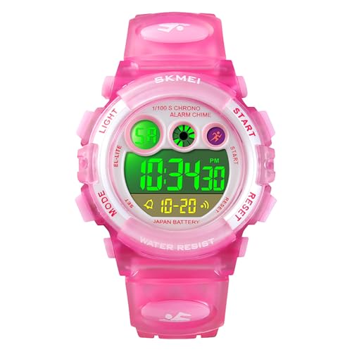 HMJIA Digital Uhren für Kinder 5ATM Sports Digitaluhr für Jungen Kinder Silikon Armbanduhr mit Datum/Wecker/LED/Stoppuhr/Stoßfes (transparentes rosa) von HMJIA