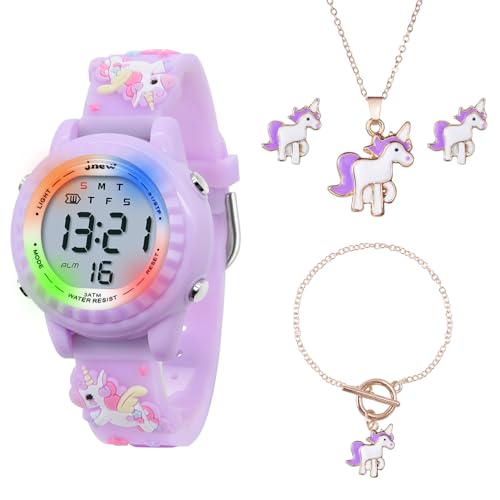 HMJIA Kinder Einhorn Digitales Uhren und Halskette Set wasserdichte Armbanduhr mit Alarm Stoppuhr Blinkende Lichter 3D Cartoon Silikonband Geschenk für 3-12 jährige Mädchen (Lavendel Einhorn Set) von HMJIA
