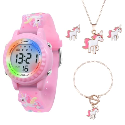 HMJIA Kinder Einhorn Digitales Uhren und Halskette Set wasserdichte Armbanduhr mit Alarm Stoppuhr Blinkende Lichter 3D Cartoon Silikonband Geschenk für 3-12 jährige Mädchen (Rosa Einhorn Set) von HMJIA