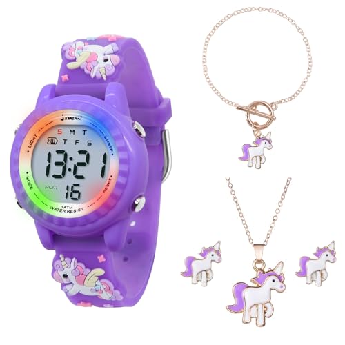 HMJIA Kinder Einhorn Digitales Uhren und Halskette Set wasserdichte Armbanduhr mit Alarm Stoppuhr Blinkende Lichter 3D Cartoon Silikonband Geschenk für 3-12 Mädchen (Violettes Einhorn Set) von HMJIA