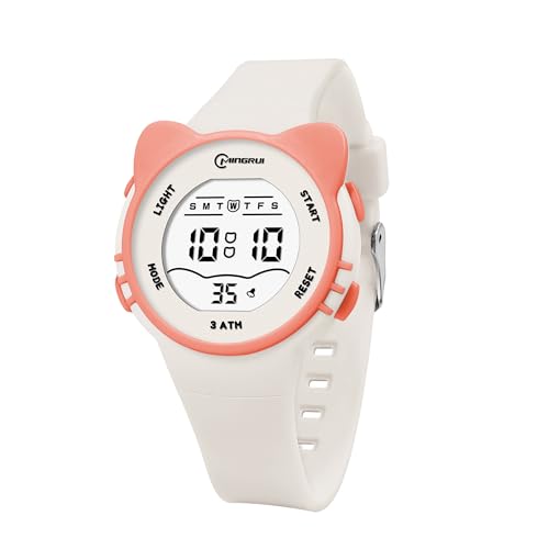 HMJIA Kinderuhr Mädchen mit Katzenmotiv 3ATM Wasserdicht mit Alarm Stoppuhr Licht Kinderuhr Digital LED-Lich Geburtstag für 3-12 Jahre Mädchen (Weiß) von HMJIA