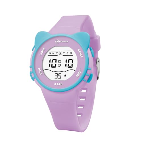 HMJIA Kinderuhr Mädchen mit Katzenmotiv 3ATM Wasserdicht mit Alarm Stoppuhr Licht Kinderuhr Digital LED-Lich Geburtstag für 3-12 Jahre Mädchen (Lavendel) von HMJIA