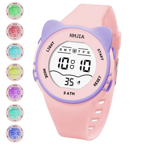 HMJIA Kinderuhr Mädchen mit Katzenmotiv Halsketten Set 3ATM Wasserdicht Armbanduhr mit Alarm Stoppuhr Licht Silikonband Kinderuhr Digital Geburtstag für 3-12 Jahre Mädchen (Rosa) von HMJIA