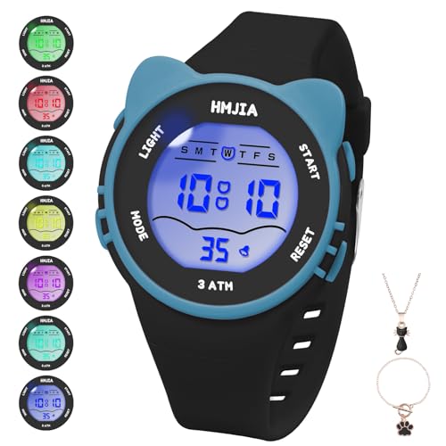 HMJIA Kinderuhr Mädchen mit Katzenmotiv Halsketten Set 3ATM Wasserdicht Armbanduhr mit Alarm Stoppuhr Licht Silikonband Kinderuhr Digital Geburtstag für 3-12 Jahre Mädchen (Schwarz) von HMJIA