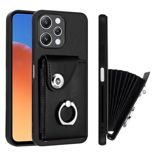 Schutzhülle mit Fingerring-Schnalle, Ständer, Handyhülle, kompatibel mit Xiaomi Redmi 11A, 10C, 12, 12C, Redmi12 4G, modische Kartentasche, Brieftasche, Handyschale (Schwarz, Redmi 12 4G) von HMLTD