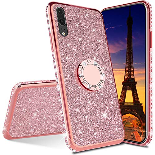 Glitzer Silikon Hülle für Huawei Honor 20 Lite Überzug TPU Bling Glitzer Strass Diamant Schutzhülle mit 360 Ring Ständer Flex Silikon Case Etui Handyhülle für Huawei Honor 20 Lite,Plating TPU Rose von HMTECH