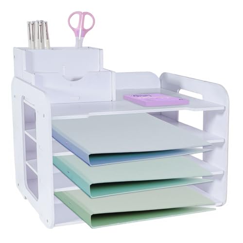 HMXLJJY Briefablage mit 4 Ebenen, A4-Papierablage, Büro-Aktenablage, Schreibtisch-Organizer mit stapelbarer Abheftung, Schreibtisch-Papier-Organizer mit Stifthalter (weiß) von HMXLJJY