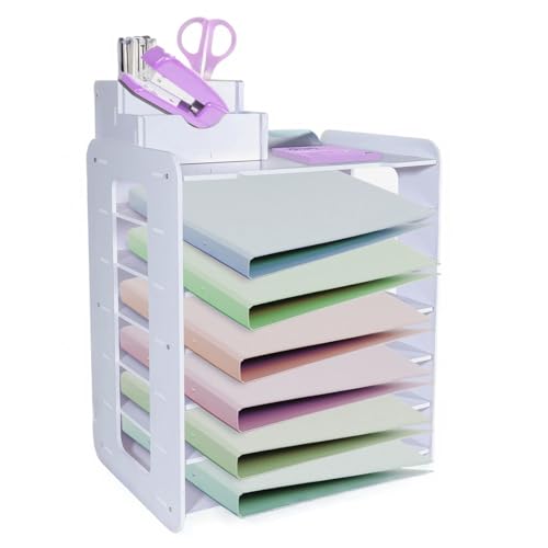 HMXLJJY Briefablage mit 7 Ebenen, A4-Papierablage, Büro-Aktenablage, Schreibtisch-Organizer mit stapelbarem Abheften, Schreibtisch-Organizer mit Stifthalter, Weiß von HMXLJJY
