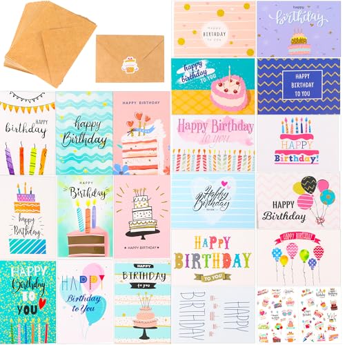 Grußkarten, 20er Set Geburtstagskarten, Geburtstag Klappkarten mit Briefumschlag, Geburtstag Glückwunschkarte Set, mit 20 Umschlägen und 2 großer Aufklebern von HO-SFSM