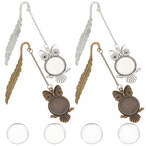 HOBBIESAY 4 Stück 2 Farben Feder Eule Lesezeichen Aus Metall Legierung Lesezeichen Mit Kette Vintage Lesezeichen Tibetischen Stil Lesezeichen Mit Cabochon Lünette Zum Selbermachen von Lesezeichen von HOBBIESAY