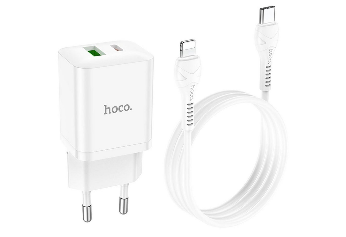 HOCO 20W USB Typ A und Typ C Smartphone-Ladegerät (3000 mA, Netz Lade Stecker Ladegerätr USB inkl. USB Typ C auf Lightning Kabel) von HOCO