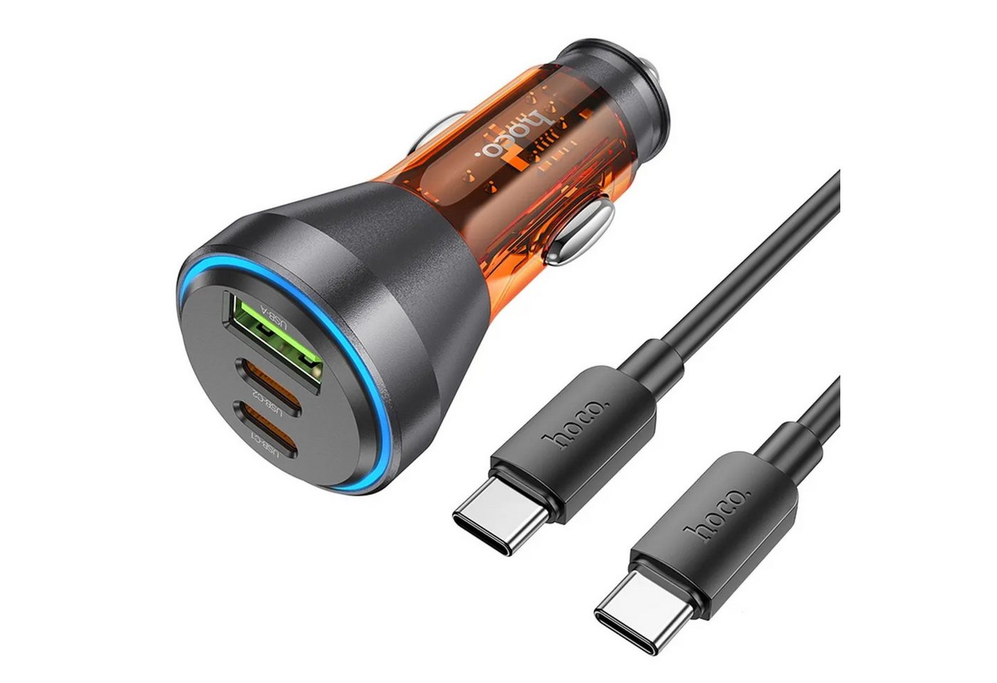 HOCO Autoladegerät QC 18W + 2 x Typ C 30W + Kabel Typ C auf Typ C PD60W Smartphone-Ladegerät von HOCO