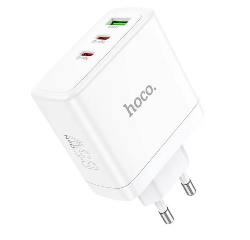 HOCO Wandladegerät 2 x Typ C + USB A QC PD 65W GaN N30 weiß Smartphone-Ladegerät von HOCO