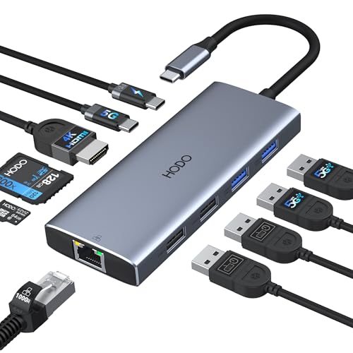 HODO USB C Hub Ethernet für MacBook Air, Adapter Mac Book Zubehör 10 in 1 mit 4K 60Hz HDMI, Ethernet, 100W PD, SD TF Kartensteckplatz, 4USB und USBC Datenport, Type-C Dongle für iPad, Surface von HODO
