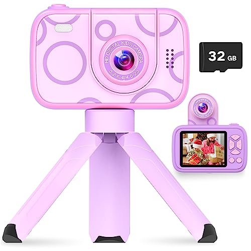 HOFIT Kinderkamera mit Hochklappbarem Objektiv, Geschenke Mädchen 3 4 5 6 7 8 9 10 11 12 Jahre, 1080P Digitalkamera Kinder, 32 GB SD-Karte, Geburtstagsgeschenk Weihnachten Spielzeug ab 3-12 Jahre von HOFIT