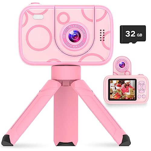 HOFIT Kinderkamera mit Hochklappbarem Objektiv, Geschenke Mädchen 3 4 5 6 7 8 9 10 11 12 Jahre, 1080P Digitalkamera Kinder, 32 GB SD-Karte, Geburtstagsgeschenk Weihnachten Spielzeug ab 3-12 Jahre von HOFIT