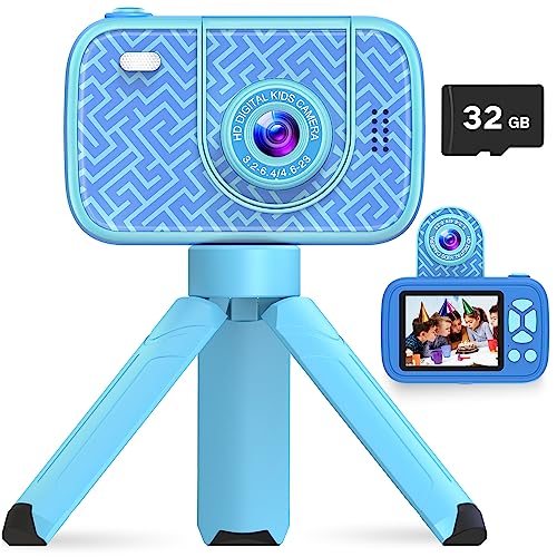 HOFIT Kinderkamera mit hochklappbarem Objektiv, Geschenke Junge, 1080P HD-Digitalkamera Kinder, 32 GB SD-Karte, Blitzlampe, Videorecorder, Kinder Kamera Spielzeug ab 3-12 Jahre Junge von HOFIT