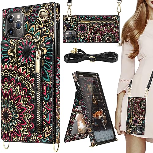 HOGGU Comptabile Schutzhülle für iPhone 11 Pro Max, Blumenmuster, Leder, Geldbörsenhülle mit Kartenhalter, Crossbody-Gurt, Ständer, Reißverschluss, Geldbörse für Damen, Mandala-Motiv HOGGU Comptabile Schutzhülle für iPhone 11 Pro Max, Blumenmuster, Leder, Geldbörsenhülle mit Kartenhalter, Crossbody-Gurt, Ständer, Reißverschluss, Geldbörse für Damen, Mandala-Motiv von HOGGU