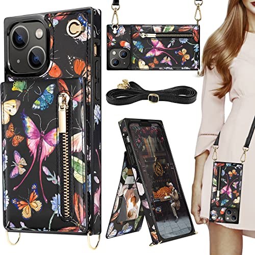 HOGGU Crossbody Case Kompatibel mit iPhone 14 Plus Wallet Case mit Kartenhalter, Blumenmuster, Leder, Handyhülle mit Band, Kickstand, Reißverschluss, Geldbörse, Schutzhülle für Damen, Schmetterling HOGGU Crossbody Case Kompatibel mit iPhone 14 Plus Wallet Case mit Kartenhalter, Blumenmuster, Leder, Handyhülle mit Band, Kickstand, Reißverschluss, Geldbörse, Schutzhülle für Damen, Schmetterling von HOGGU