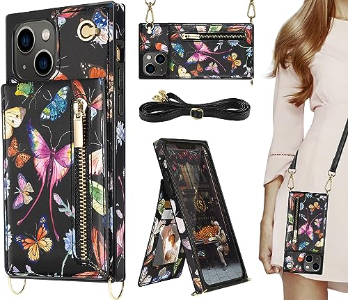 HOGGU Crossbody Handyhülle Kompatibel mit iPhone 13 Hülle mit Kartenhalter, Blumenmuster, Leder, niedliche Brieftaschen-Schutzhülle mit Band, Kickstand, Reißverschluss, Geldbörse, Schutzhülle für HOGGU Crossbody Handyhülle Kompatibel mit iPhone 13 Hülle mit Kartenhalter, Blumenmuster, Leder, niedliche Brieftaschen-Schutzhülle mit Band, Kickstand, Reißverschluss, Geldbörse, Schutzhülle für von HOGGU