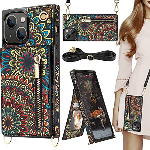 HOGGU Crossbody-Schutzhülle für iPhone 14, Brieftasche, mit Kartenhalter, Blumenmuster, Leder, mit Crossbody-Gurt, Ständer, Reißverschluss, Geldbörse, Schutzhülle für Damen und Mädchen HOGGU Crossbody-Schutzhülle für iPhone 14, Brieftasche, mit Kartenhalter, Blumenmuster, Leder, mit Crossbody-Gurt, Ständer, Reißverschluss, Geldbörse, Schutzhülle für Damen und Mädchen von HOGGU
