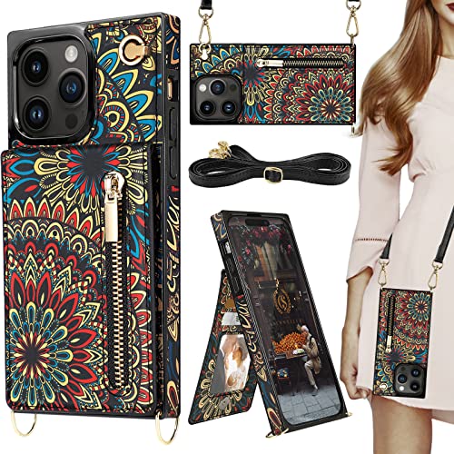HOGGU Kompatibel für iPhone 14 Pro Hülle Wallet mit Kartenhalter Floral Leder Hülle mit Crossbody Strap Kickstand Schutzhülle für Frauen Mädchen - Mandala von HOGGU