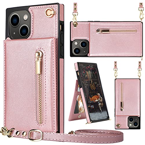 HOGGU Kompatibel mit iPhone 13 Hülle: Crossbody Leder Wallet Case mit Kartenhalter, Reißverschluss, Kickstand, abnehmbarer Schultergurt, schützende Rückseite Cover-Case-Rosa HOGGU Kompatibel mit iPhone 13 Hülle: Crossbody Leder Wallet Case mit Kartenhalter, Reißverschluss, Kickstand, abnehmbarer Schultergurt, schützende Rückseite Cover-Case-Rosa von HOGGU
