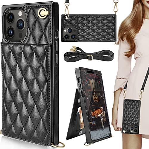 HOGGU Kompatibel mit iPhone 14 Pro Hülle Wallet mit Crossbody Strap Kartenhalter Kickstand Gesteppte Leder Stoßfest Schutzhülle für Frauen - Schwarz von HOGGU