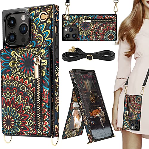 HOGGU Kompatibel mit iPhone 14 Pro Max Hülle Wallet mit Kartenhalter, florales Leder mit Umhängeband, Handyhülle für Frauen und Mädchen, Mandala-Mandala HOGGU Kompatibel mit iPhone 14 Pro Max Hülle Wallet mit Kartenhalter, florales Leder mit Umhängeband, Handyhülle für Frauen und Mädchen, Mandala-Mandala von HOGGU