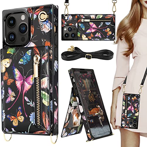 HOGGU Kompatibel mit iPhone 14 Pro Max Hülle mit Kartenhalter, florales Leder mit Umhängeband, Handyhülle für Damen und Mädchen, Schmetterling HOGGU Kompatibel mit iPhone 14 Pro Max Hülle mit Kartenhalter, florales Leder mit Umhängeband, Handyhülle für Damen und Mädchen, Schmetterling von HOGGU