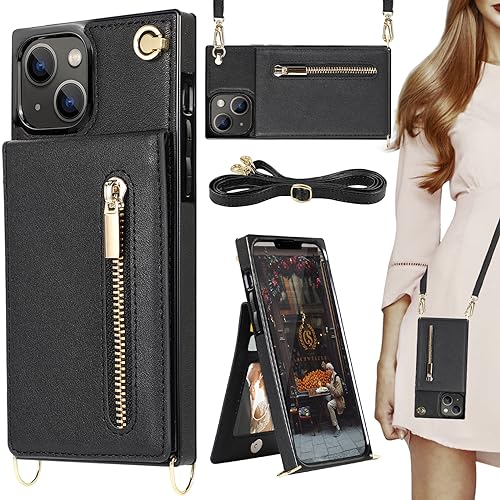 HOGGU Kompatibel mit iPhone 15 Hülle mit Kartenhalter [RFID-Blockierung], Geldbörse mit Reißverschluss, Crossbody-Gurt, Magnetverschluss, Flip-Leder-Schutzhülle für Damen, Schwarz von HOGGU
