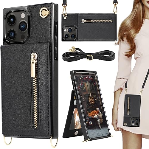 HOGGU Kompatibel mit iPhone 15 Pro Hülle mit Kartenhalter [RFID-Blockierung], Geldbörse mit Reißverschluss, Crossbody-Gurt, Magnetverschluss, Flip Floral Leder Ecken Schutzhülle Case, Schwarz von HOGGU