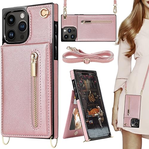 HOGGU Kompatibel mit iPhone 15 Pro Max Hülle mit Kartenhalter [RFID-Blockierung], Geldbörse mit Reißverschluss, Crossbody-Gurt, Magnetverschluss, Flip-Leder-Ecken Schutzhülle, Roségold von HOGGU