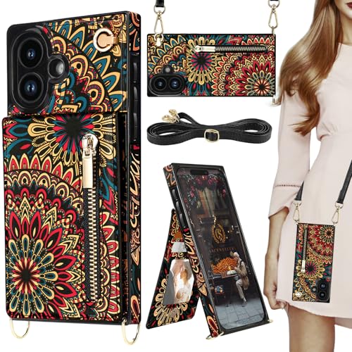 HOGGU Kompatibel mit iPhone 16 Hülle mit Kartenhalter, Crossbody Strap Flip Floral Leder Schutzhülle für Frauen, Mandala HOGGU Kompatibel mit iPhone 16 Hülle mit Kartenhalter, Crossbody Strap Flip Floral Leder Schutzhülle für Frauen, Mandala von HOGGU
