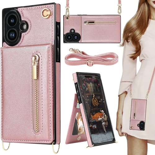 HOGGU Kompatibel mit iPhone 16 Hülle mit Kartenhalter [RFID-Blockierung], Geldbörse mit Reißverschluss, Crossbody-Gurt, Magnetverschluss, Flip-Leder-Schutzhülle für Damen, Roségold von HOGGU