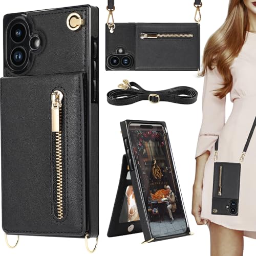 HOGGU Kompatibel mit iPhone 16 Hülle mit Kartenhalter [RFID-Blockierung], Geldbörse mit Reißverschluss, Crossbody-Gurt, Magnetverschluss, Flip-Leder-Schutzhülle für Damen, Schwarz von HOGGU
