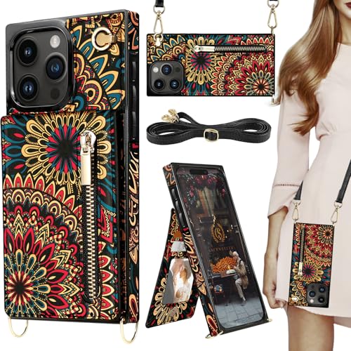 HOGGU Kompatibel mit iPhone 16 Pro Max Hülle mit Kartenhalter [RFID-Blockierung], Geldbörse mit Reißverschluss, Crossbody-Gurt, Magnetverschluss, Flip Floral Leder Ecken Schutzhülle Case, Mandala von HOGGU
