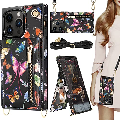 HOGGU Schutzhülle für iPhone 14 Pro, mit Kartenhalter, Blumenmuster, Leder, mit Crossbody-Gurt, Ständer, Reißverschluss, Schutzhülle für Damen, Mädchen, Schmetterling HOGGU Schutzhülle für iPhone 14 Pro, mit Kartenhalter, Blumenmuster, Leder, mit Crossbody-Gurt, Ständer, Reißverschluss, Schutzhülle für Damen, Mädchen, Schmetterling von HOGGU