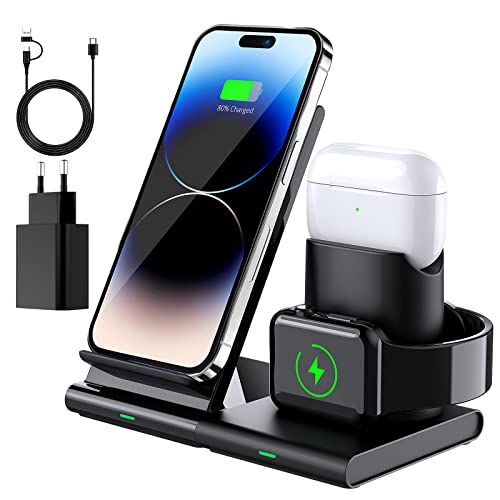 Hoidokly 3 in 1 Kabelloses Ladegerät, Wireless Charger Kompatibel mit iPhone 14/14 Pro/14 Pro Max/13 Pro/13/12/11/X/XR/XS/8 Plus, iWatch Ultra/8/7/6/5/4/3/2/SE, AirPods Pro/2/3 (Mit 18W Netzteil) von HOIDOKLY