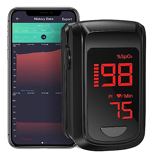 HOLFENRY Bluetooth Pulsoximeter Fingeroximeter mit APP, Sauerstoffsättigung Messgerät Finger, Blutsauerstoffmessgerät Finger für Herzfrequenz, Kostenlose APP(Schwarz) von HOLFENRY