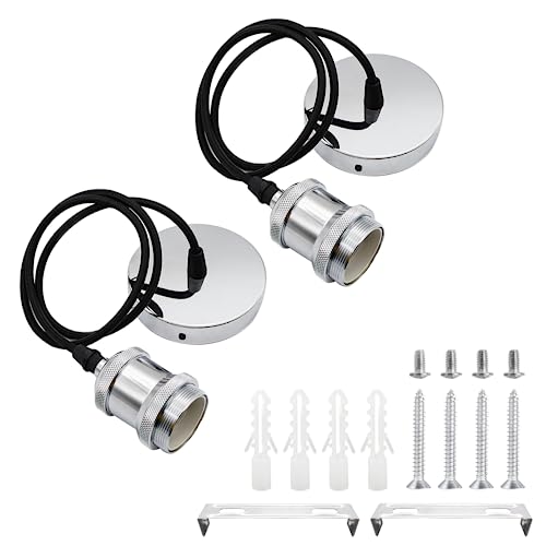 2 Stücke E27 Lampenaufhängung Metall Vintage Lampenfassung Retro Hängeleuchte Pendelleuchte mit Kabel Höhenverstellbar 100cm Textilkabel für Deckenbeleuchtung DIY Wand Deckenleuchte (Silber) von HOMEJOY