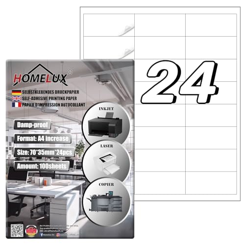 Etiketten selbstklebend Homelux Adressaufkleber 100 Blatt,24 pro A4 (70 x 35 mm), bedruckbar, matt, blanko Papier Adressaufkleber Etiketten, weiß von HOMELUX
