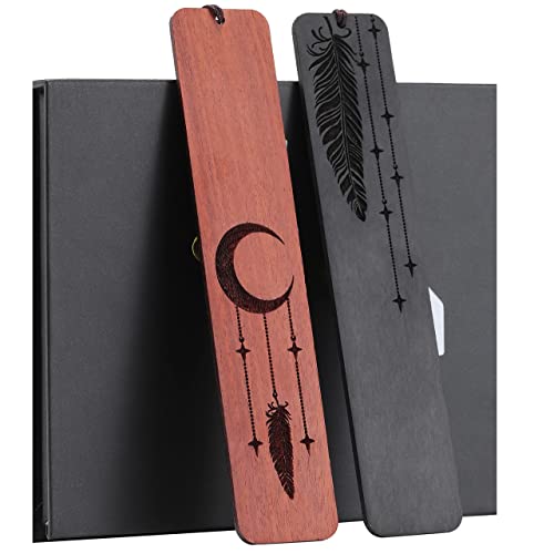 Lesezeichen, HOMEMARS Feder Mond Lesezeichen Holz, 2 Stück Bookmark Set, Handgefertigtes Hölzernes Lesezeichen, Geschenkbox Set, Geschenke für Frauen, Weihnachtsgeschenke, Beste Freundin Geschenke von HOMEMARS