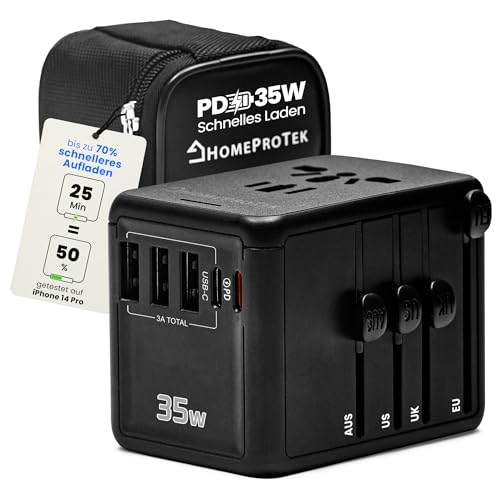 HOMEPROTEK 35W Reiseadapter weltweiter - Universal Adapter für USA EU UK Australien Thailand China Japan und über 200 Länder, AC Steckdosenadapter, 3 USB-A Stecker, 1 Ultra-Fast 35W Typ C, und 1 USB C HOMEPROTEK 35W Reiseadapter weltweiter - Universal Adapter für USA EU UK Australien Thailand China Japan und über 200 Länder, AC Steckdosenadapter, 3 USB-A Stecker, 1 Ultra-Fast 35W Typ C, und 1 USB C von HOMEPROTEK