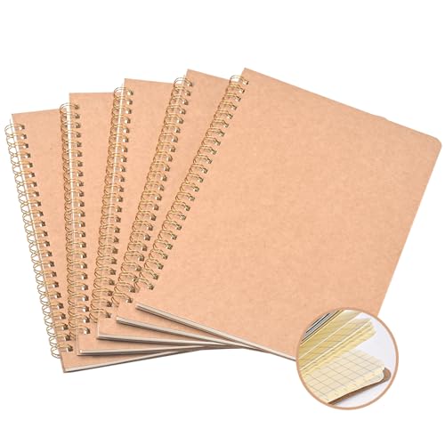 HOMIKLSA Notizbuch A5 Kariert, 5 Stück Kraft Cover Notizheft mit 100 Seiten (50 Blätter), Notizblock für Büro, Schule & Reisen (21x14cm) von HOMIKLSA