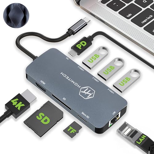 HomiTech HUB USB C 8 in 1 mit 3 USB 3.2 10 Gbit/s, Adapter USB C HDMI 4K, Ethernet Lan, SD, MicroSD, Pd Aufladung 100 W, Docking Station USB C kompatibel MacBook Air/Pro 2023, iPad Air/Pro, von HOMITECH
